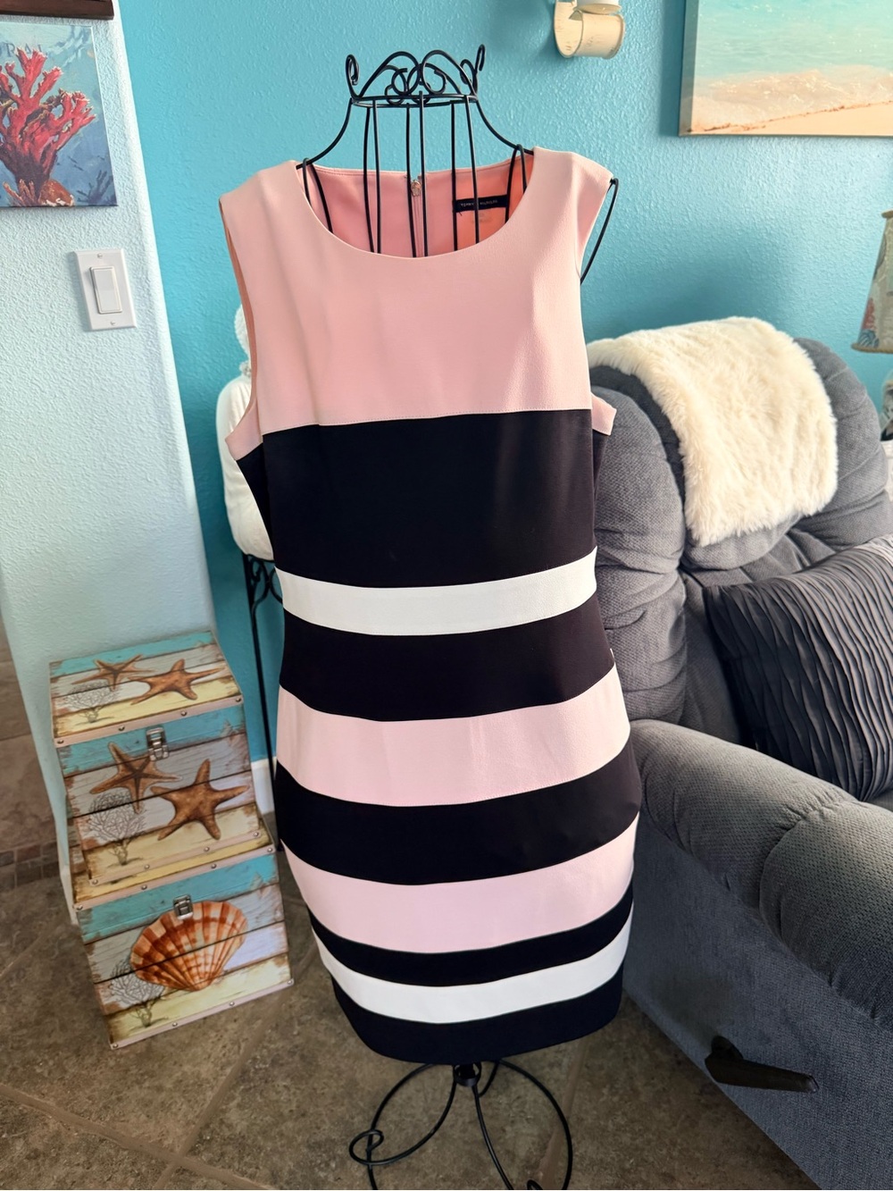 Tommy Hilfiger Pink, Black & White Striped Midi Dress